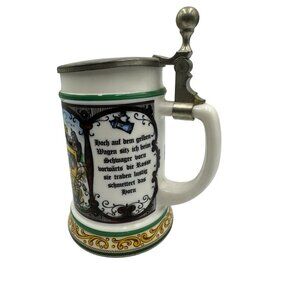 Vintage German BMF Pewter-Lidded Beer Stein Milk Glass Coaching Scene